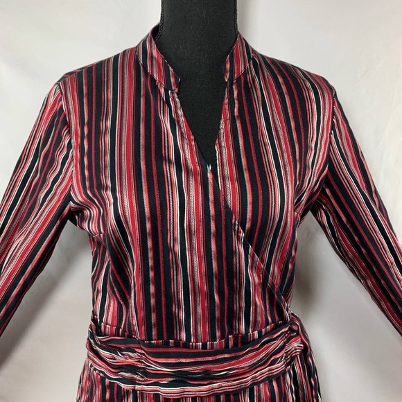Apt. 9 Red Black Stripe V Neck Tie Waist Long Sleeve Faux Wrap Blouse Size M - Picture 8 of 8